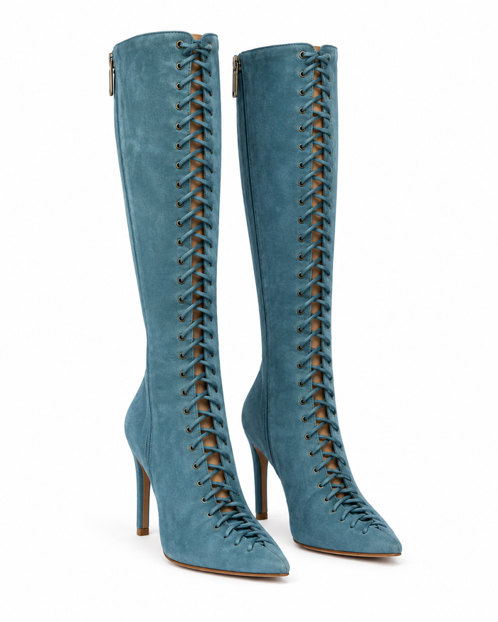 Slate Blue Suede Lace-Up Stiletto Boots