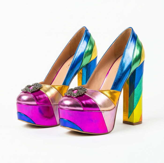 Metallic Rainbow Color-Block Platform Heels