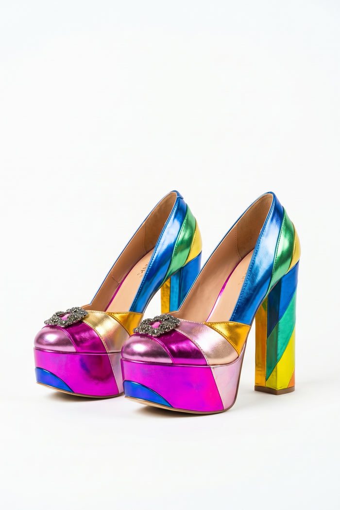 Metallic Rainbow Color-Block Platform Heels