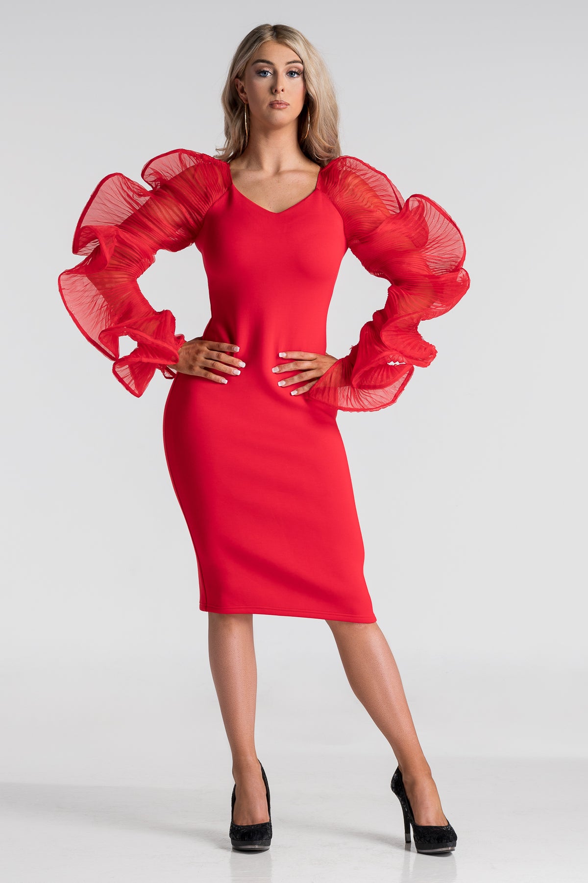 Ruffle sleeve organza bodycon dress